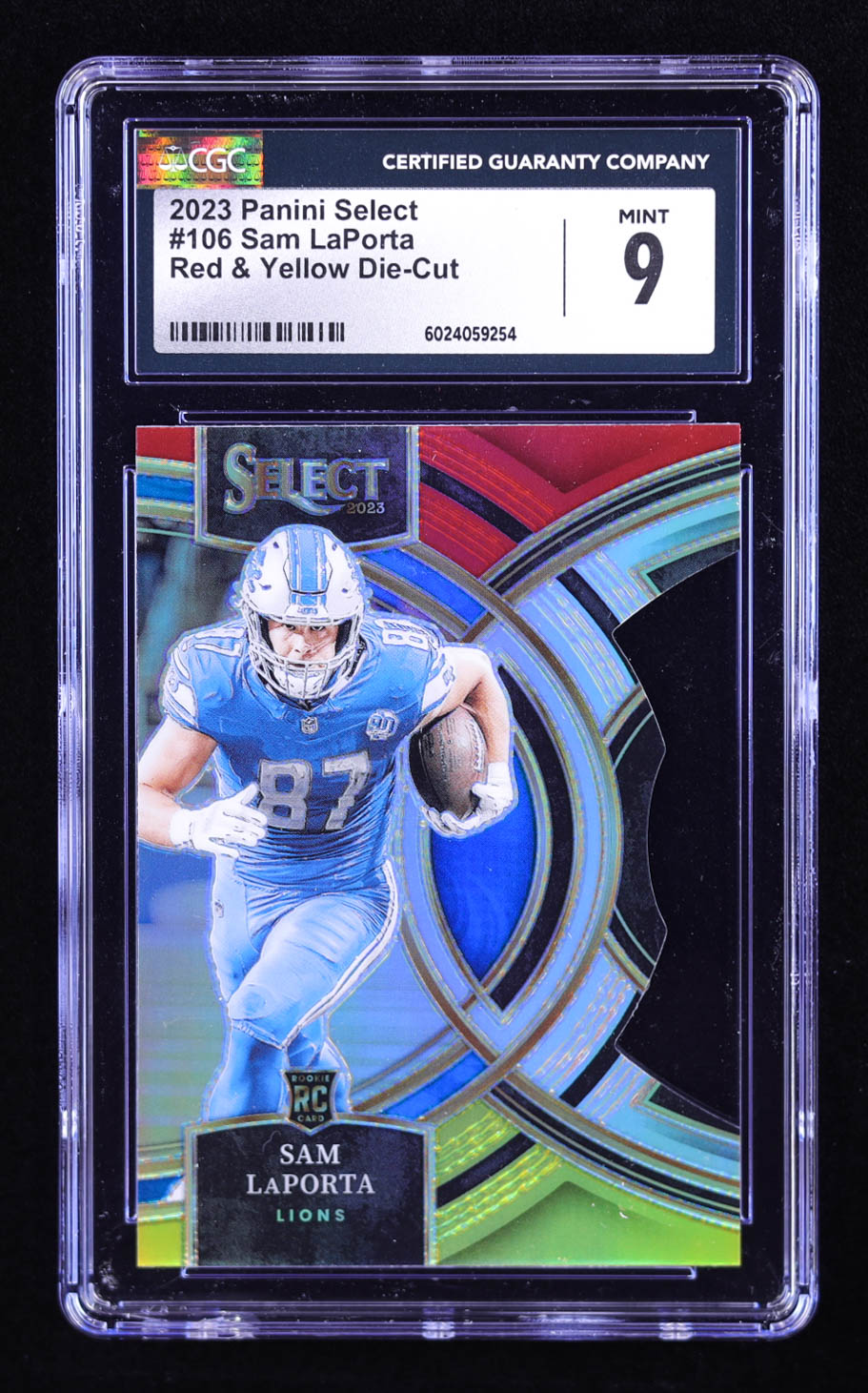 Sam LaPorta 2023 Select Prizm Red and Yellow Die Cut #106 RC (CGC 9) at PristineAuction.com Sam LaPorta 2023 Select Prizm Red and Yellow Die Cut #106 RC (CGC 9) at PristineAuction.com