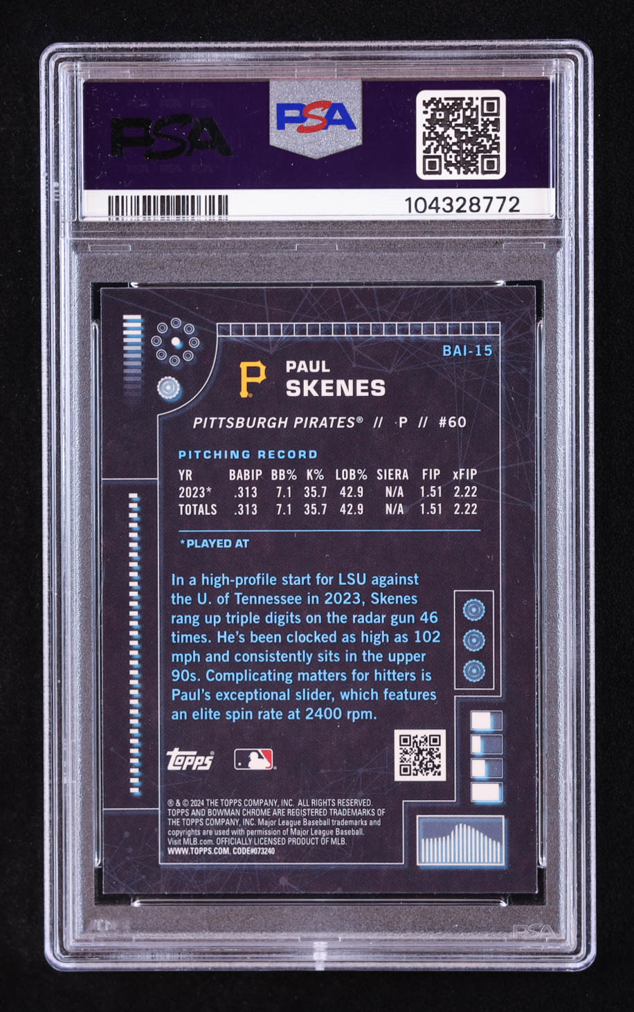 Paul Skenes 2024 Bowman Chrome Bowman AI #BAI15 RC (PSA 10) at PristineAuction.com Paul Skenes 2024 Bowman Chrome Bowman AI #BAI15 RC (PSA 10) at PristineAuction.com