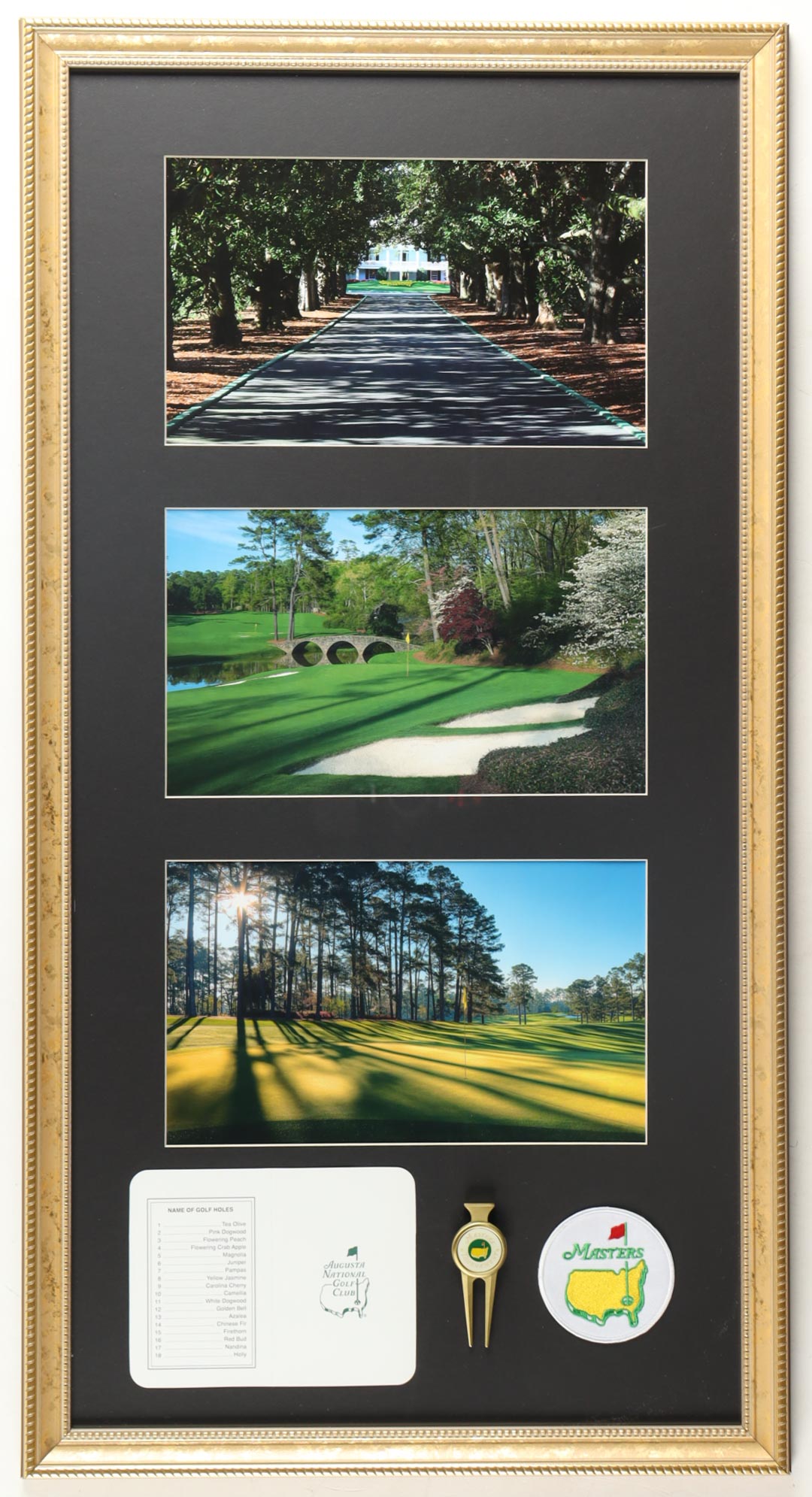 "Amen Corner" Augusta National Custom Framed Photo Display with Course Scorecard, Tournament Divot Tool & Masters Cloth Patch at PristineAuction.com "Amen Corner" Augusta National Custom Framed Photo Display with Course Scorecard, Tournament Divot Tool & Masters Cloth Patch at PristineAuction.com