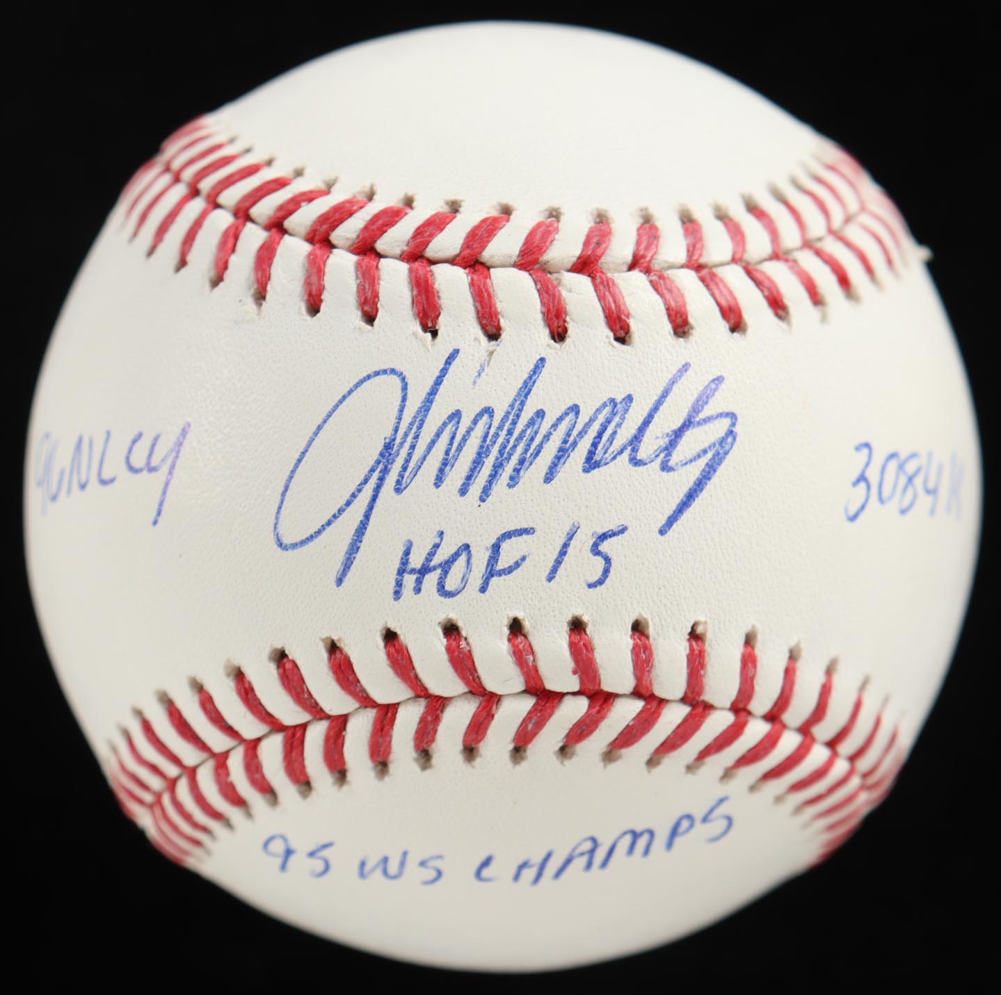 John Smoltz Signed OML Baseball With Multiple Inscriptions with Display Case (Beckett) at PristineAuction.com John Smoltz Signed OML Baseball With Multiple Inscriptions with Display Case (Beckett) at PristineAuction.com