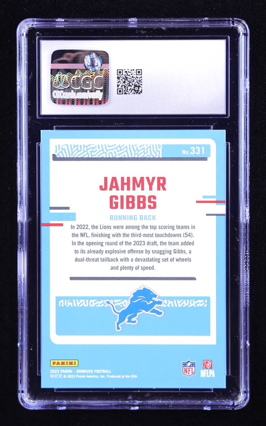 Jahmyr Gibbs 2023 Donruss #331 RR RC (CGC 10) at PristineAuction.com Jahmyr Gibbs 2023 Donruss #331 RR RC (CGC 10) at PristineAuction.com