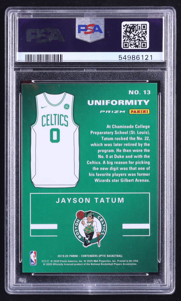 Jayson Tatum 2019-20 Panini Contenders Optic Uniformity Red Cracked Ice #13 (PSA 9) at PristineAuction.com Jayson Tatum 2019-20 Panini Contenders Optic Uniformity Red Cracked Ice #13 (PSA 9) at PristineAuction.com