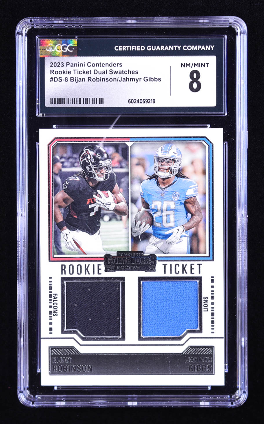 Bijan Robinson / Jahmyr Gibbs 2023 Panini Contenders Rookie Ticket Dual Swatches #8 RC (CGC 8) at PristineAuction.com Bijan Robinson / Jahmyr Gibbs 2023 Panini Contenders Rookie Ticket Dual Swatches #8 RC (CGC 8) at PristineAuction.com