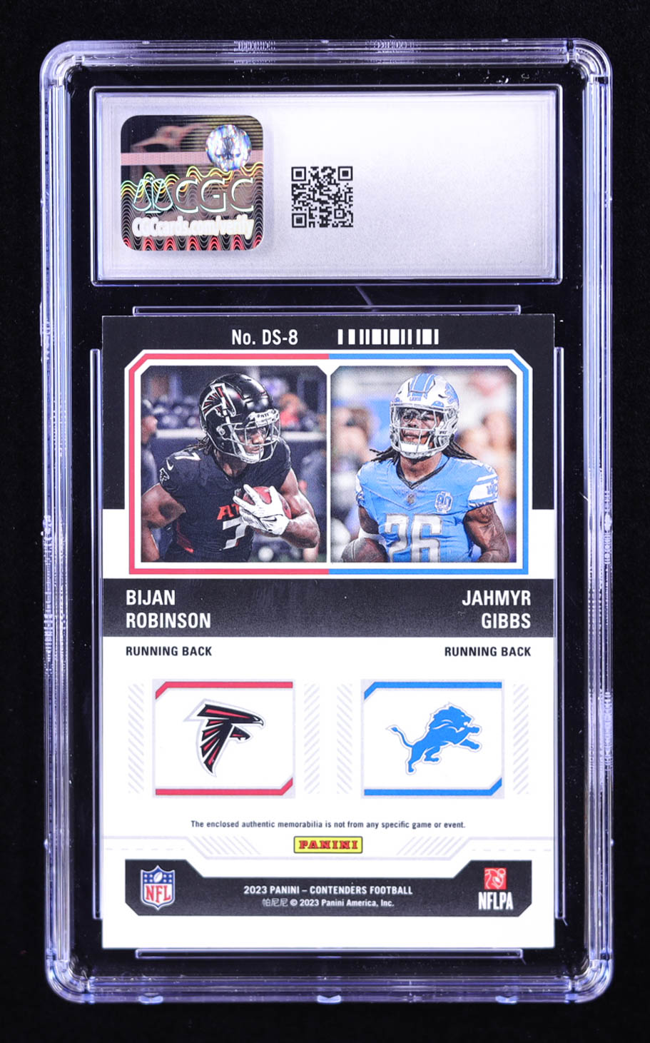 Bijan Robinson / Jahmyr Gibbs 2023 Panini Contenders Rookie Ticket Dual Swatches #8 RC (CGC 8) at PristineAuction.com Bijan Robinson / Jahmyr Gibbs 2023 Panini Contenders Rookie Ticket Dual Swatches #8 RC (CGC 8) at PristineAuction.com