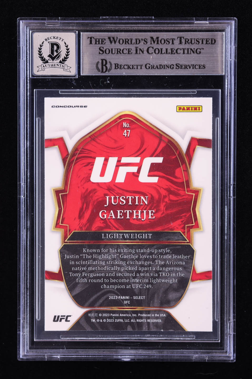 Justin Gaethje Signed 2023 Select UFC #47 (BGS | Autograph Grade 10) at PristineAuction.com Justin Gaethje Signed 2023 Select UFC #47 (BGS | Autograph Grade 10) at PristineAuction.com
