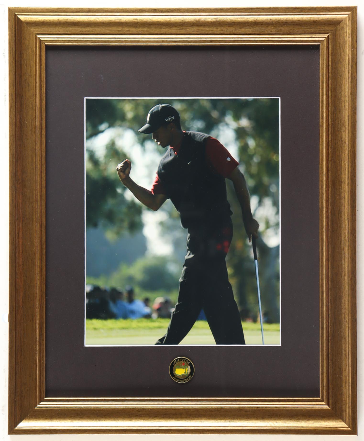 Tiger Woods Custom Framed Photo Display With Masters Tournament Pin at PristineAuction.com Tiger Woods Custom Framed Photo Display With Masters Tournament Pin at PristineAuction.com