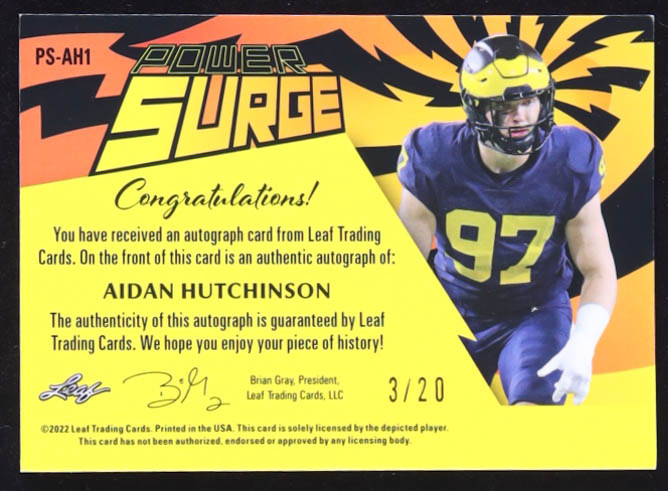 Aidan Hutchinson 2022 Pro Set Metal Power Surge Autographs Prismatic Black #PSAH1 RC #3/20 at PristineAuction.com Aidan Hutchinson 2022 Pro Set Metal Power Surge Autographs Prismatic Black #PSAH1 RC #3/20 at PristineAuction.com