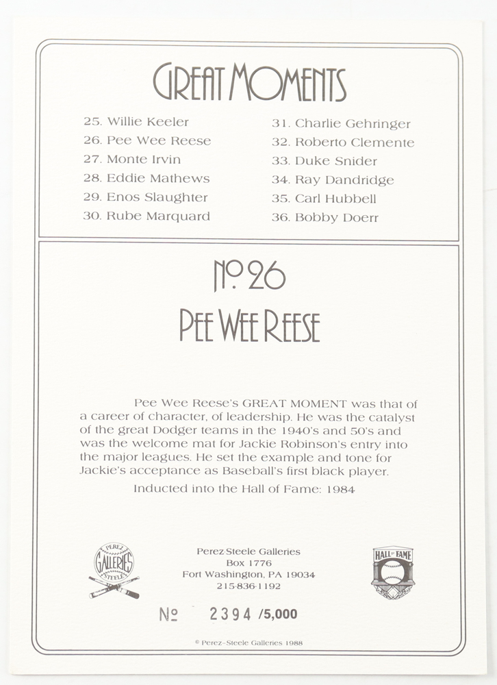 Pee Wee Reese Signed LE 1988 Perez-Steele Great Moments #26 Art Card (PSA) at PristineAuction.com Pee Wee Reese Signed LE 1988 Perez-Steele Great Moments #26 Art Card (PSA) at PristineAuction.com