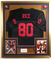 Jerry Rice Signed Custom Framed Cut Display With Jersey, Player Retirement Pin & (2) Cloth Team Logo Patches (JSA) at PristineAuction.com