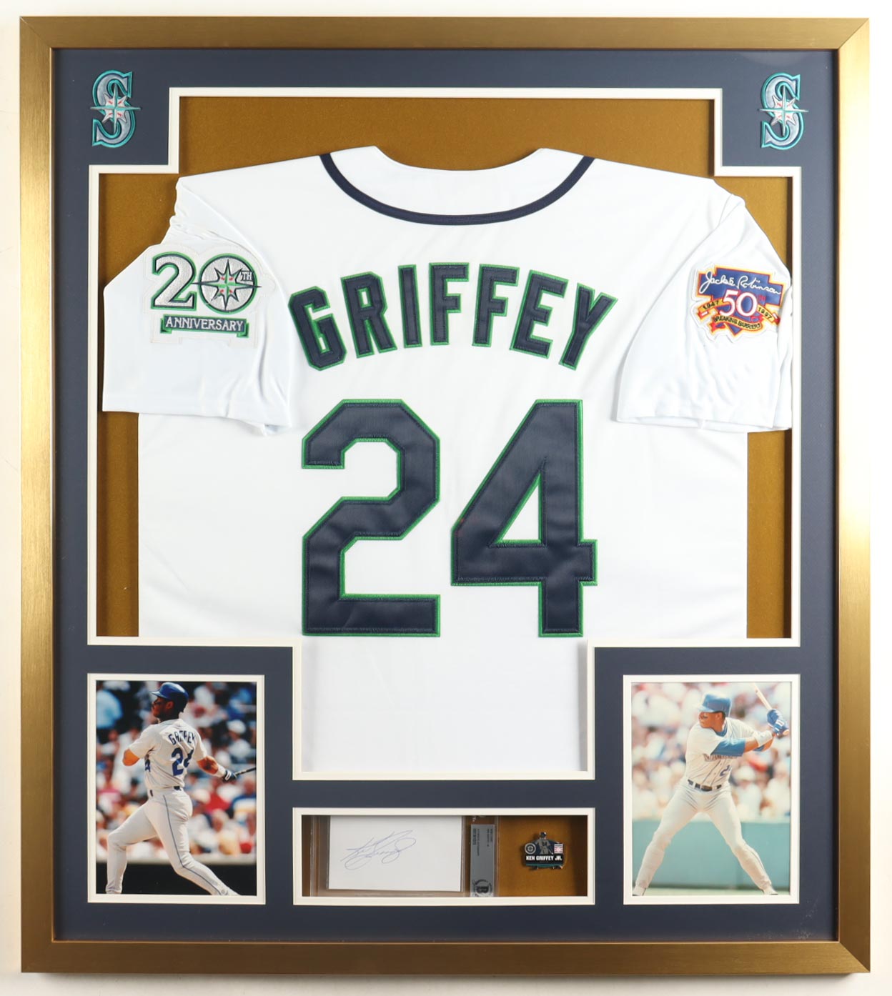 Ken Griffey Jr. Signed Custom Framed Index Card Display With Jersey, Player Hall Of Fame Pin, (2) Cloth Team Logo Patches (BGS) at PristineAuction.com Ken Griffey Jr. Signed Custom Framed Index Card Display With Jersey, Player Hall Of Fame Pin, (2) Cloth Team Logo Patches (BGS) at PristineAuction.com