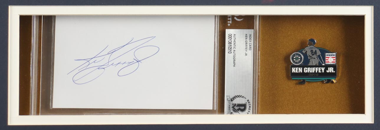 Ken Griffey Jr. Signed Custom Framed Index Card Display With Jersey, Player Hall Of Fame Pin, (2) Cloth Team Logo Patches (BGS) at PristineAuction.com Ken Griffey Jr. Signed Custom Framed Index Card Display With Jersey, Player Hall Of Fame Pin, (2) Cloth Team Logo Patches (BGS) at PristineAuction.com