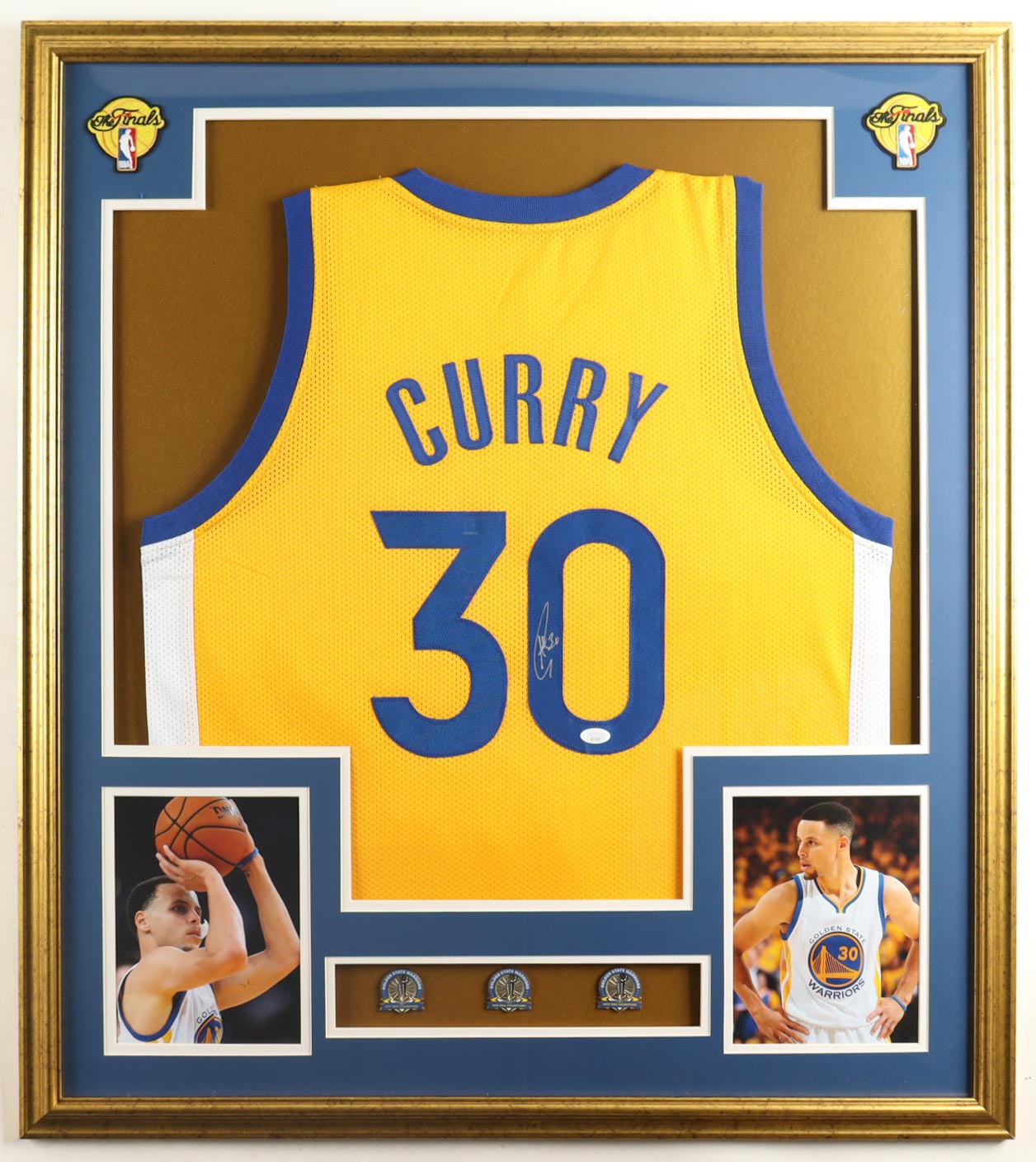 Stephen Curry Signed Custom Framed Jersey Display With (3) LE Championship Pins & (2) Cloth NBA Finals Logo Patches (JSA) at PristineAuction.com Stephen Curry Signed Custom Framed Jersey Display With (3) LE Championship Pins & (2) Cloth NBA Finals Logo Patches (JSA) at PristineAuction.com