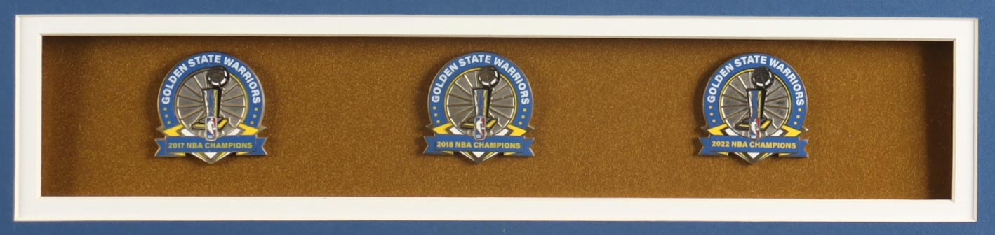 Stephen Curry Signed Custom Framed Jersey Display With (3) LE Championship Pins & (2) Cloth NBA Finals Logo Patches (JSA) at PristineAuction.com Stephen Curry Signed Custom Framed Jersey Display With (3) LE Championship Pins & (2) Cloth NBA Finals Logo Patches (JSA) at PristineAuction.com