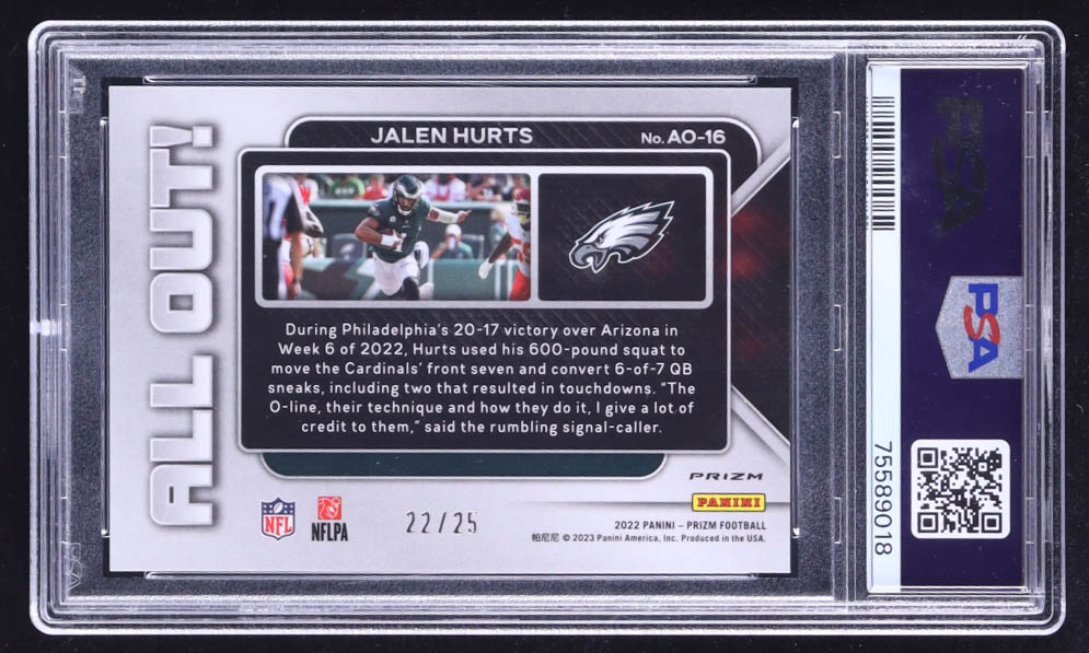 Jalen Hurts 2022 Panini Prizm All Out Prizms Mojo #16 #22/25 (PSA 10) at PristineAuction.com Jalen Hurts 2022 Panini Prizm All Out Prizms Mojo #16 #22/25 (PSA 10) at PristineAuction.com