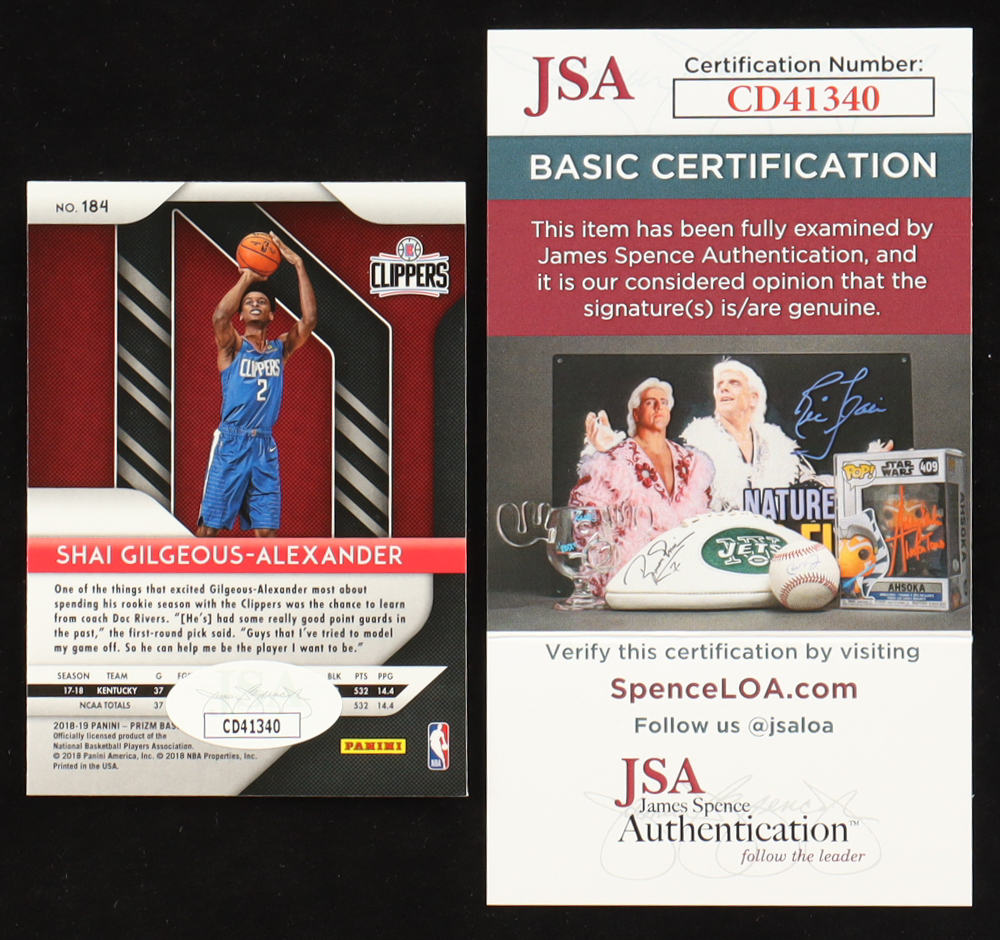 Shai Gilgeous-Alexander Signed 2018-19 Panini Prizm Prizms Silver #184 RC (JSA) at PristineAuction.com Shai Gilgeous-Alexander Signed 2018-19 Panini Prizm Prizms Silver #184 RC (JSA) at PristineAuction.com