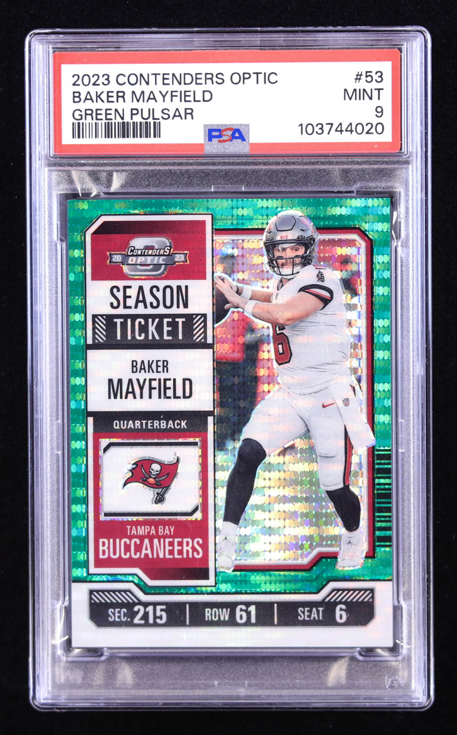 Baker Mayfield 2023 Panini Contenders Optic Green Pulsar #53 #13/35 (PSA 9) at PristineAuction.com Baker Mayfield 2023 Panini Contenders Optic Green Pulsar #53 #13/35 (PSA 9) at PristineAuction.com