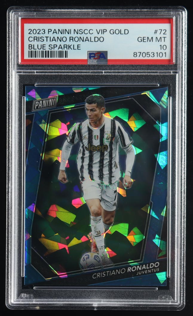 Cristiano Ronaldo 2023 Panini National Convention VIP Gold Packs Blue Sparkle #72 #020/149 (PSA 10) at PristineAuction.com Cristiano Ronaldo 2023 Panini National Convention VIP Gold Packs Blue Sparkle #72 #020/149 (PSA 10) at PristineAuction.com
