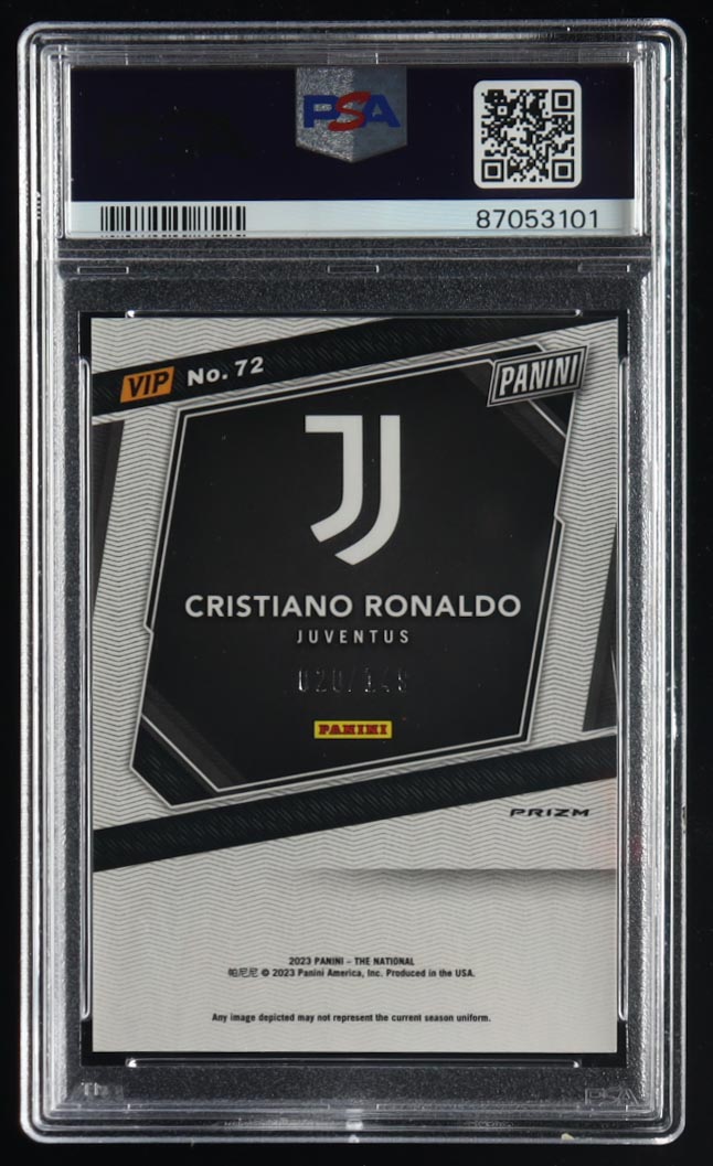 Cristiano Ronaldo 2023 Panini National Convention VIP Gold Packs Blue Sparkle #72 #020/149 (PSA 10) at PristineAuction.com Cristiano Ronaldo 2023 Panini National Convention VIP Gold Packs Blue Sparkle #72 #020/149 (PSA 10) at PristineAuction.com