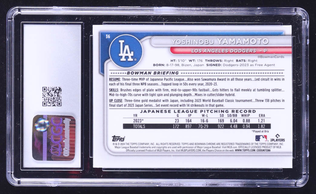 Yoshinobu Yamamoto 2024 Bowman Mega Box #36 (CGC 10) at PristineAuction.com Yoshinobu Yamamoto 2024 Bowman Mega Box #36 (CGC 10) at PristineAuction.com