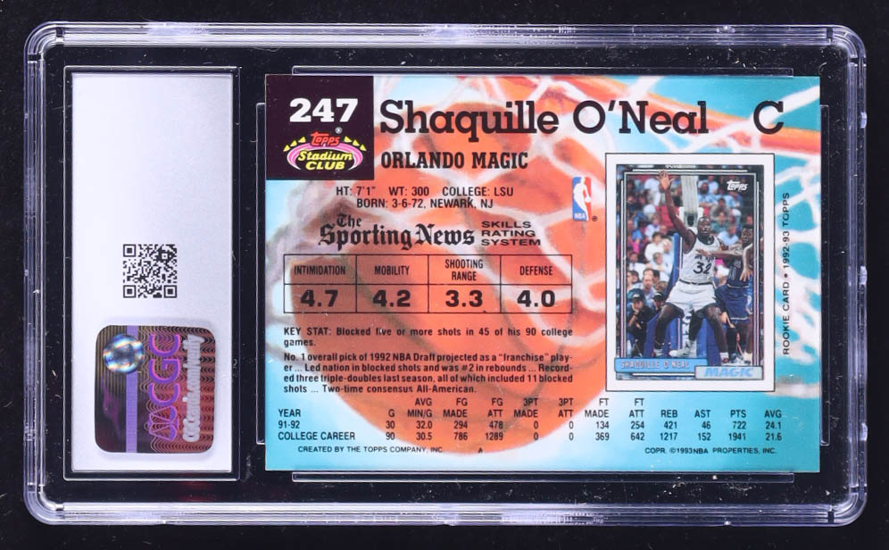 Shaquille O'Neal 1992-93 Stadium Club #247 RC (CGC 10) at PristineAuction.com Shaquille O'Neal 1992-93 Stadium Club #247 RC (CGC 10) at PristineAuction.com