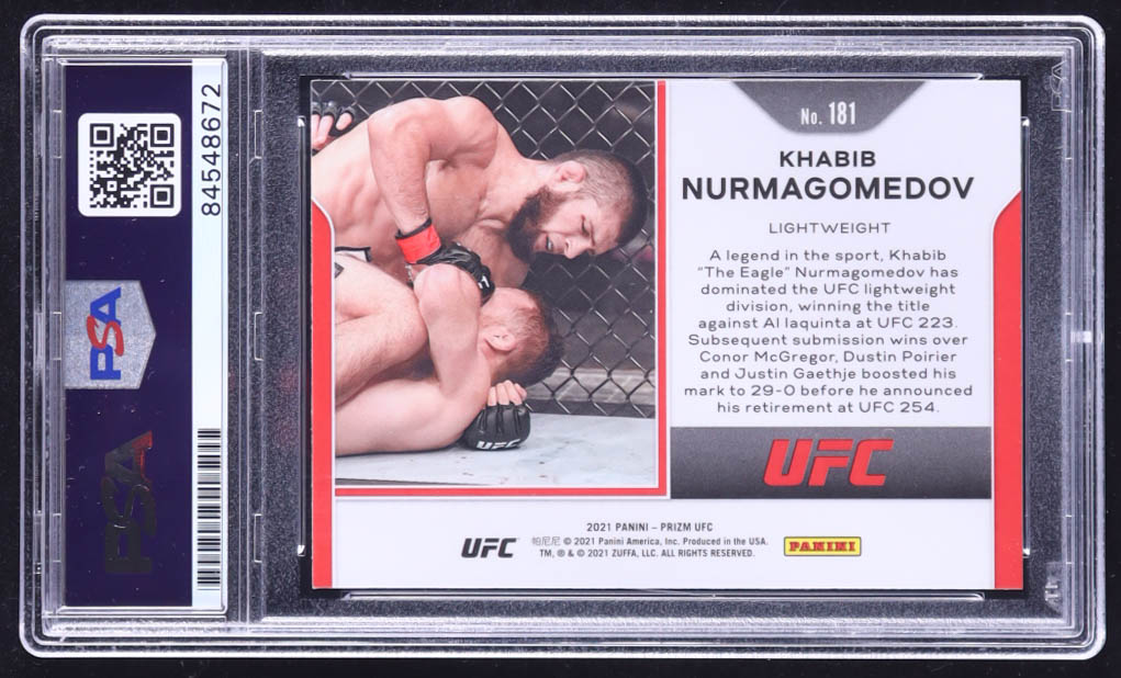 Khabib Nurmagomedov Signed 2021 Panini Prizm UFC #181 (PSA) at PristineAuction.com Khabib Nurmagomedov Signed 2021 Panini Prizm UFC #181 (PSA) at PristineAuction.com