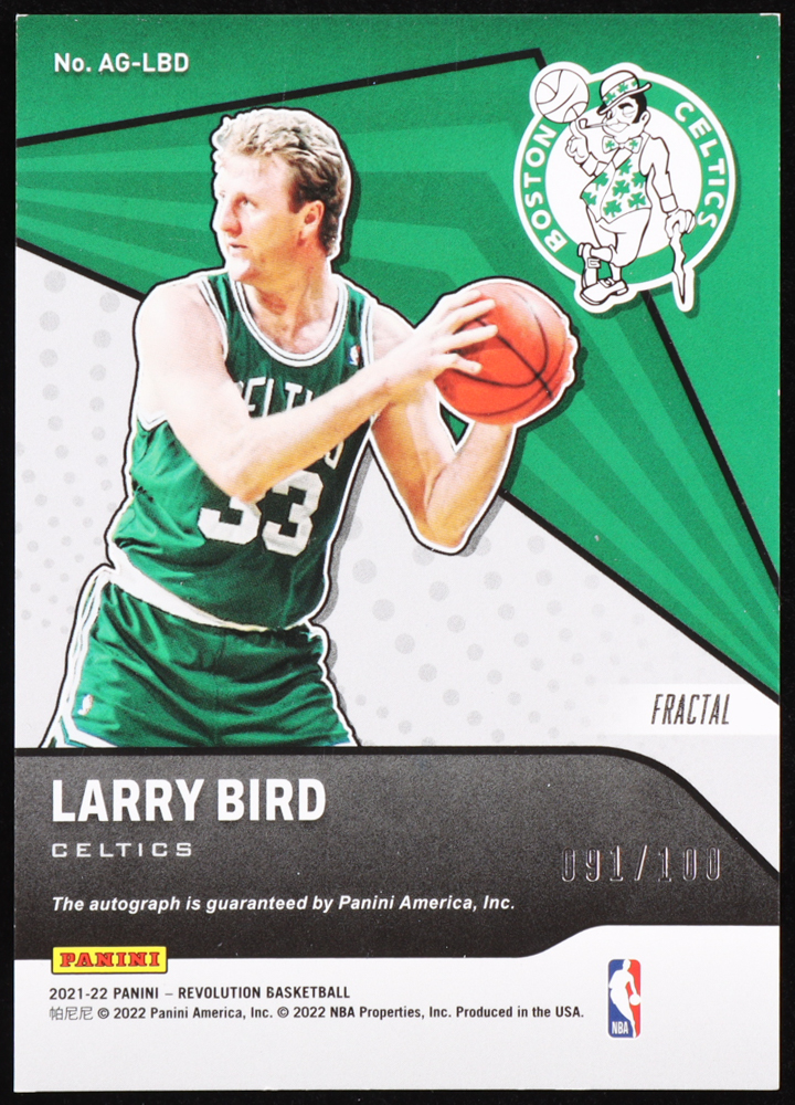 Larry Bird 2021-22 Panini Revolution Autographs Fractal #12 #091/100 at PristineAuction.com Larry Bird 2021-22 Panini Revolution Autographs Fractal #12 #091/100 at PristineAuction.com