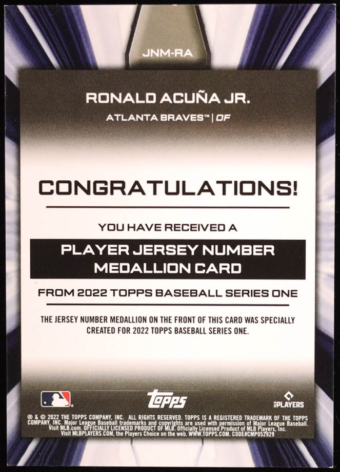 Ronald Acuna Jr. 2022 Topps Commemorative Player Jersey Number Medallions #JNMRA at PristineAuction.com Ronald Acuna Jr. 2022 Topps Commemorative Player Jersey Number Medallions #JNMRA at PristineAuction.com