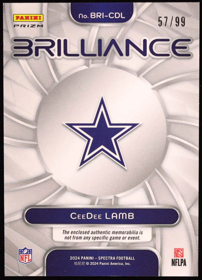 CeeDee Lamb 2024 Panini Spectra Brilliance Materials #11 #57/99 at PristineAuction.com CeeDee Lamb 2024 Panini Spectra Brilliance Materials #11 #57/99 at PristineAuction.com