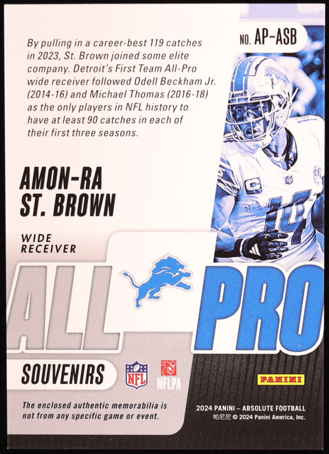 Amon-Ra St. Brown 2024 Absolute All Pro Souvenirs Gold #5 #62/99 at PristineAuction.com Amon-Ra St. Brown 2024 Absolute All Pro Souvenirs Gold #5 #62/99 at PristineAuction.com