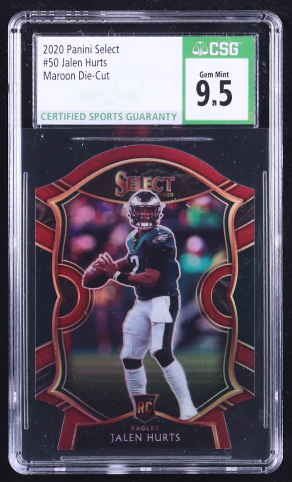 Jalen Hurts 2020 Select Prizm Maroon Die Cut #50 RC (CSG 9.5) at PristineAuction.com Jalen Hurts 2020 Select Prizm Maroon Die Cut #50 RC (CSG 9.5) at PristineAuction.com