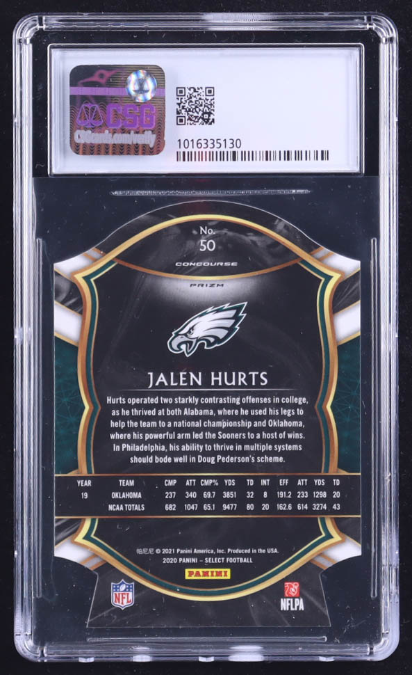 Jalen Hurts 2020 Select Prizm Maroon Die Cut #50 RC (CSG 9.5) at PristineAuction.com Jalen Hurts 2020 Select Prizm Maroon Die Cut #50 RC (CSG 9.5) at PristineAuction.com