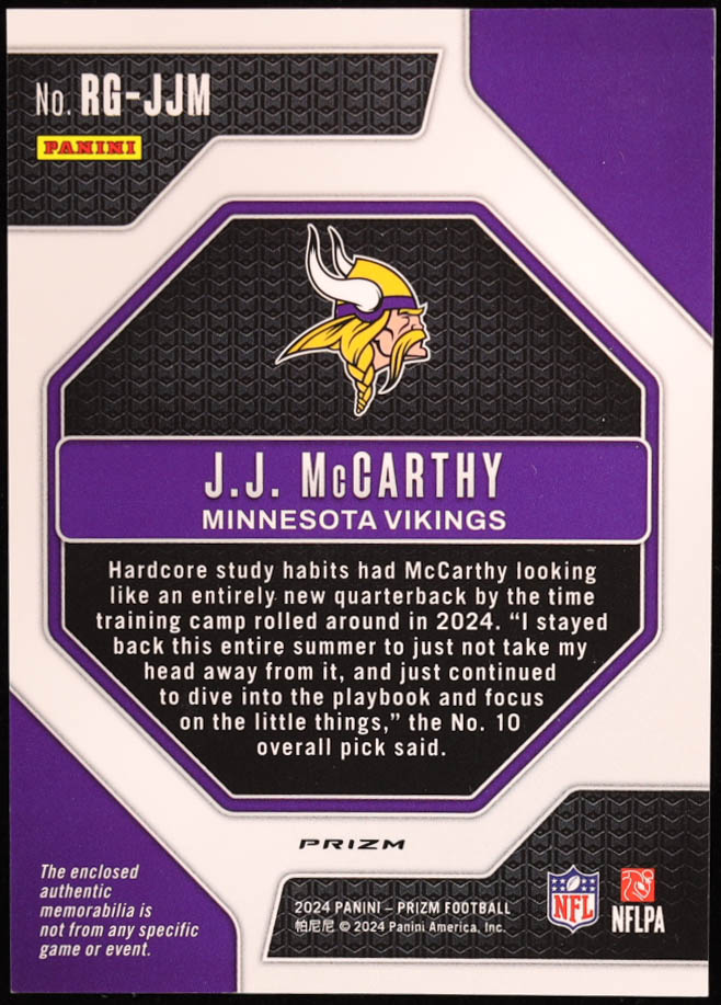J.J. McCarthy 2024 Panini Prizm Rookie Gear Silver Prizms RC #8 at PristineAuction.com J.J. McCarthy 2024 Panini Prizm Rookie Gear Silver Prizms RC #8 at PristineAuction.com