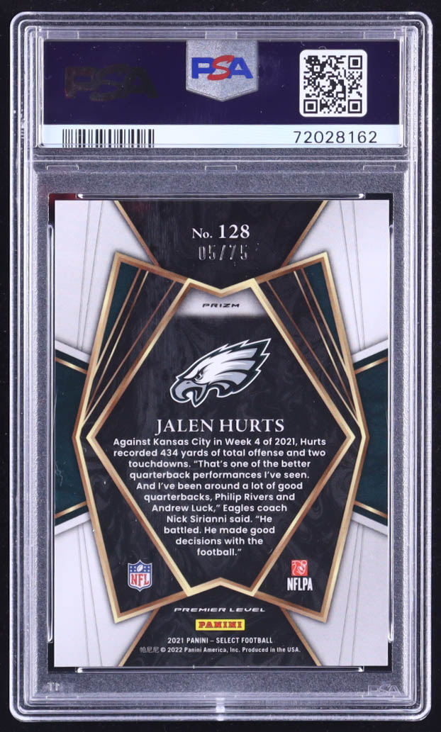 Jalen Hurts 2021 Select Prizm Purple #128 #05/75 (PSA 10) at PristineAuction.com Jalen Hurts 2021 Select Prizm Purple #128 #05/75 (PSA 10) at PristineAuction.com