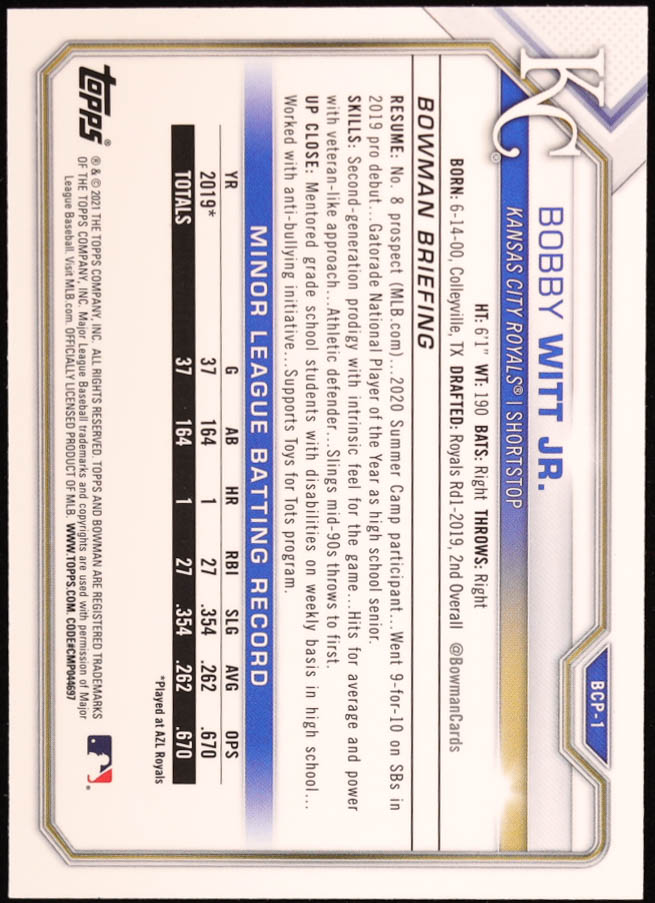 Bobby Witt Jr. 2021 Bowman Chrome Prospects Mega Box #BCP1 RC at PristineAuction.com Bobby Witt Jr. 2021 Bowman Chrome Prospects Mega Box #BCP1 RC at PristineAuction.com