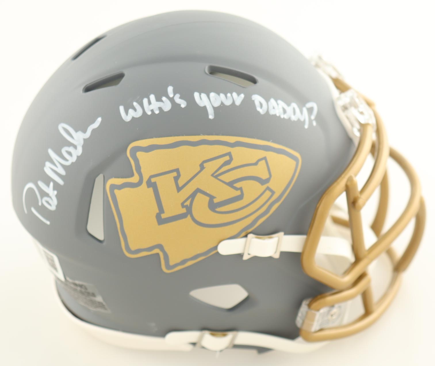 Patrick Mahomes Sr. Signed Chiefs Slate Alternate Speed Mini Helmet Inscribed "Who's Your Daddy?" (Beckett) at PristineAuction.com Patrick Mahomes Sr. Signed Chiefs Slate Alternate Speed Mini Helmet Inscribed "Who's Your Daddy?" (Beckett) at PristineAuction.com
