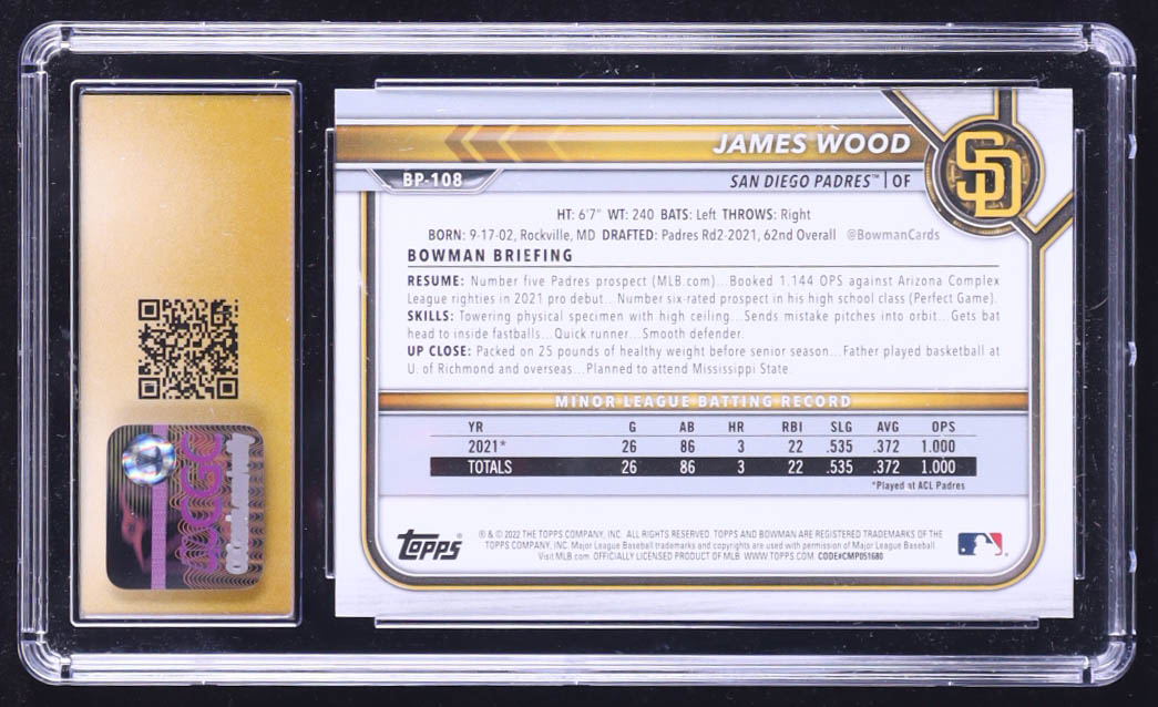 James Wood 2022 Bowman Prospects #BP108 RC (CGC 10 | Pristine Black Label) at PristineAuction.com James Wood 2022 Bowman Prospects #BP108 RC (CGC 10 | Pristine Black Label) at PristineAuction.com