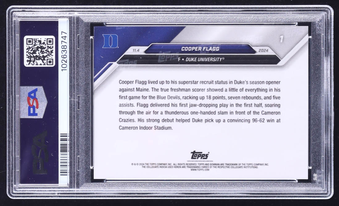 Cooper Flagg 2024-25 Bowman University Now #1 RC (PSA 10) at PristineAuction.com Cooper Flagg 2024-25 Bowman University Now #1 RC (PSA 10) at PristineAuction.com