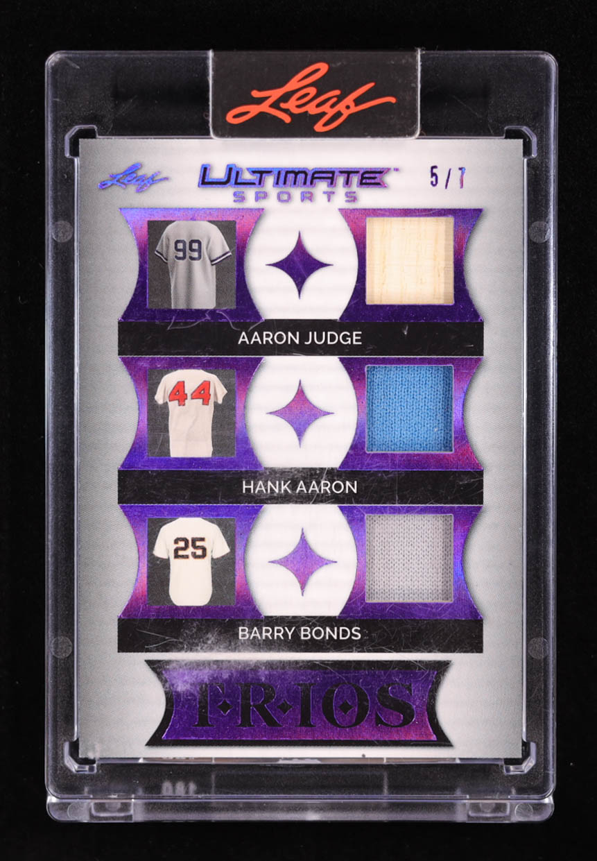 Aaron Judge / Hank Aaron / Barry Bonds 2024 Leaf Ultimate Sports Trios Purple #UT12 #5/7 at PristineAuction.com Aaron Judge / Hank Aaron / Barry Bonds 2024 Leaf Ultimate Sports Trios Purple #UT12 #5/7 at PristineAuction.com