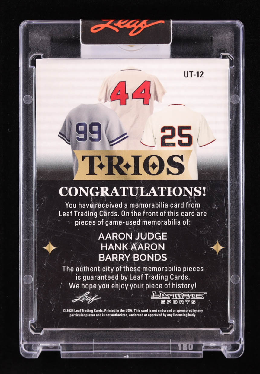 Aaron Judge / Hank Aaron / Barry Bonds 2024 Leaf Ultimate Sports Trios Purple #UT12 #5/7 at PristineAuction.com Aaron Judge / Hank Aaron / Barry Bonds 2024 Leaf Ultimate Sports Trios Purple #UT12 #5/7 at PristineAuction.com