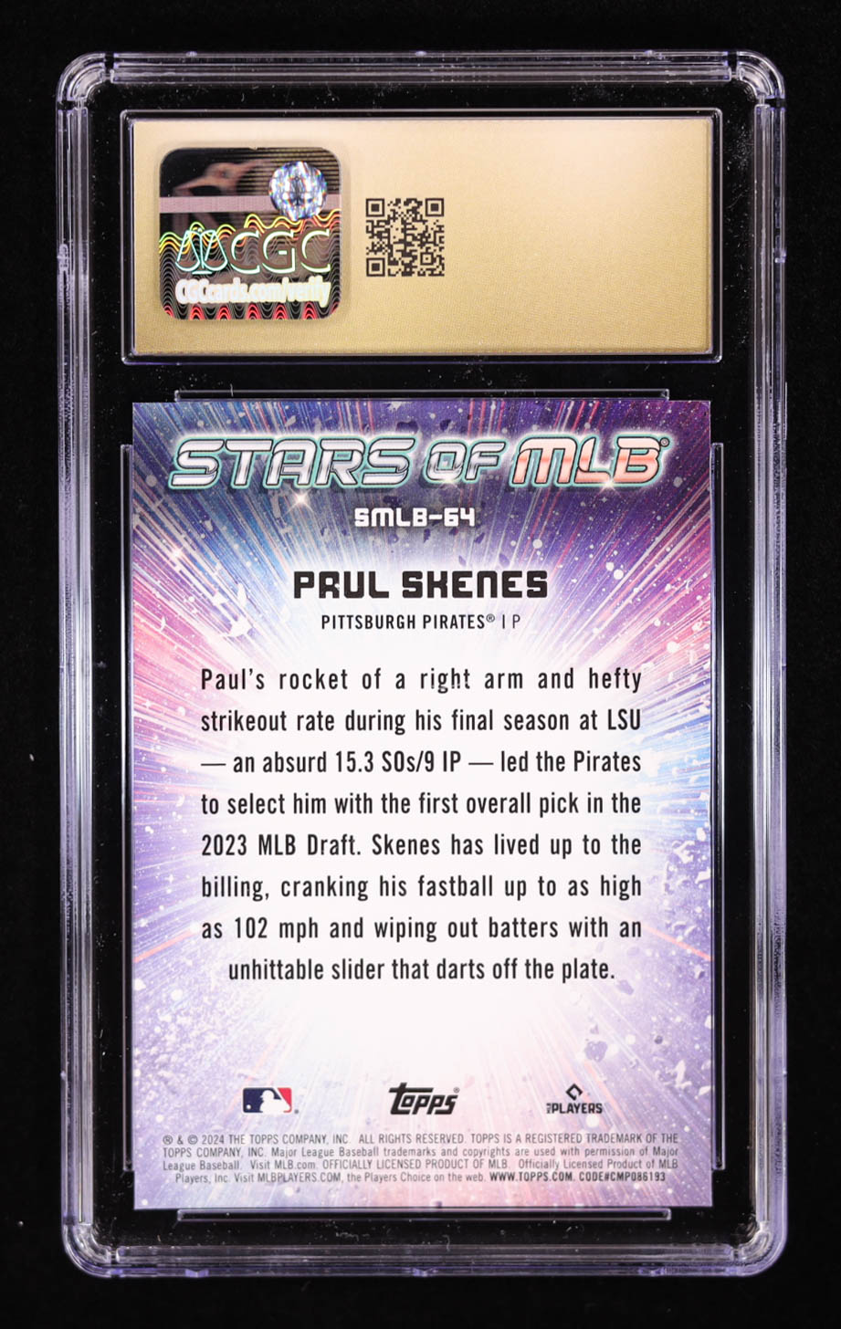 Paul Skenes 2024 Topps Stars of MLB #SMLB64 RC (CGC 10 | Pristine Back Label) at PristineAuction.com Paul Skenes 2024 Topps Stars of MLB #SMLB64 RC (CGC 10 | Pristine Back Label) at PristineAuction.com