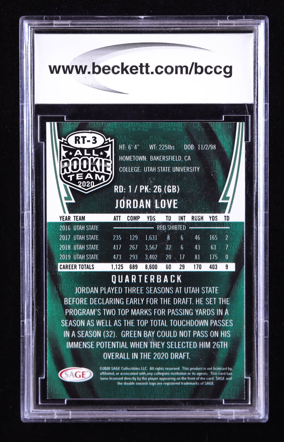 Jordan Love 2020 Sage All Rookie Team #RT3 RC (BCCG 10) at PristineAuction.com Jordan Love 2020 Sage All Rookie Team #RT3 RC (BCCG 10) at PristineAuction.com