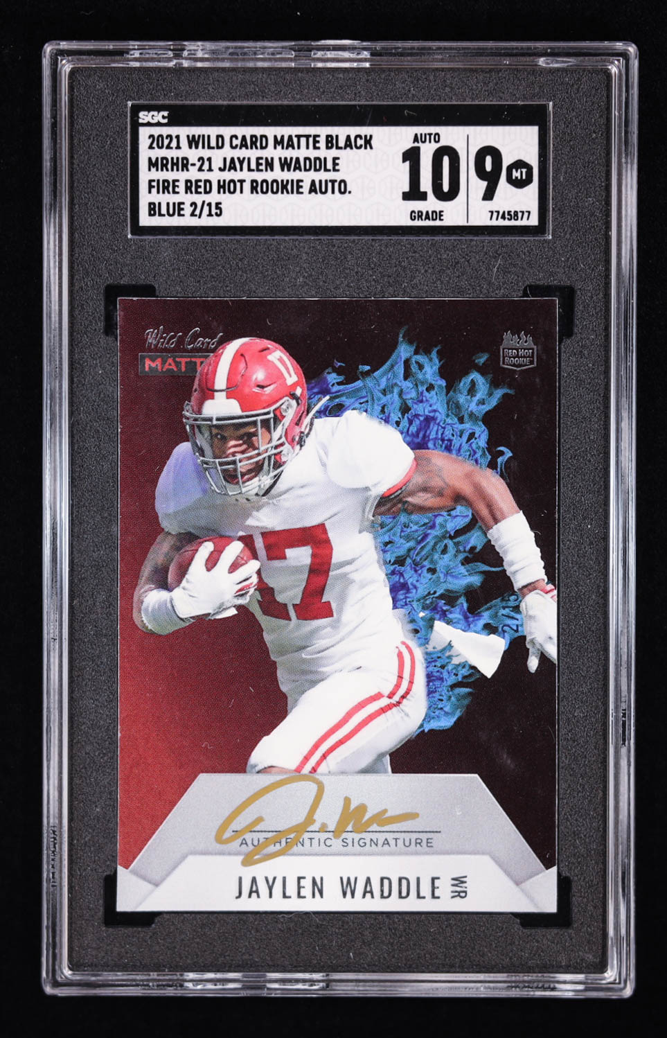 Jaylen Waddle 2021 Wild Card Matte Black Fire Red Hot Rookie Autograph Blue #MRHR21 #2/15 RC (SGC 9 | Autograph Graded 10) at PristineAuction.com Jaylen Waddle 2021 Wild Card Matte Black Fire Red Hot Rookie Autograph Blue #MRHR21 #2/15 RC (SGC 9 | Autograph Graded 10) at PristineAuction.com
