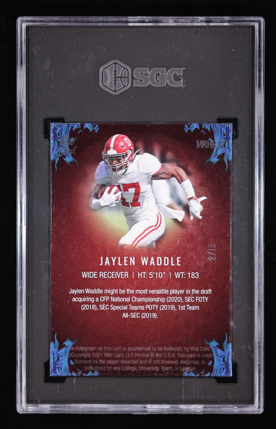 Jaylen Waddle 2021 Wild Card Matte Black Fire Red Hot Rookie Autograph Blue #MRHR21 #2/15 RC (SGC 9 | Autograph Graded 10) at PristineAuction.com Jaylen Waddle 2021 Wild Card Matte Black Fire Red Hot Rookie Autograph Blue #MRHR21 #2/15 RC (SGC 9 | Autograph Graded 10) at PristineAuction.com