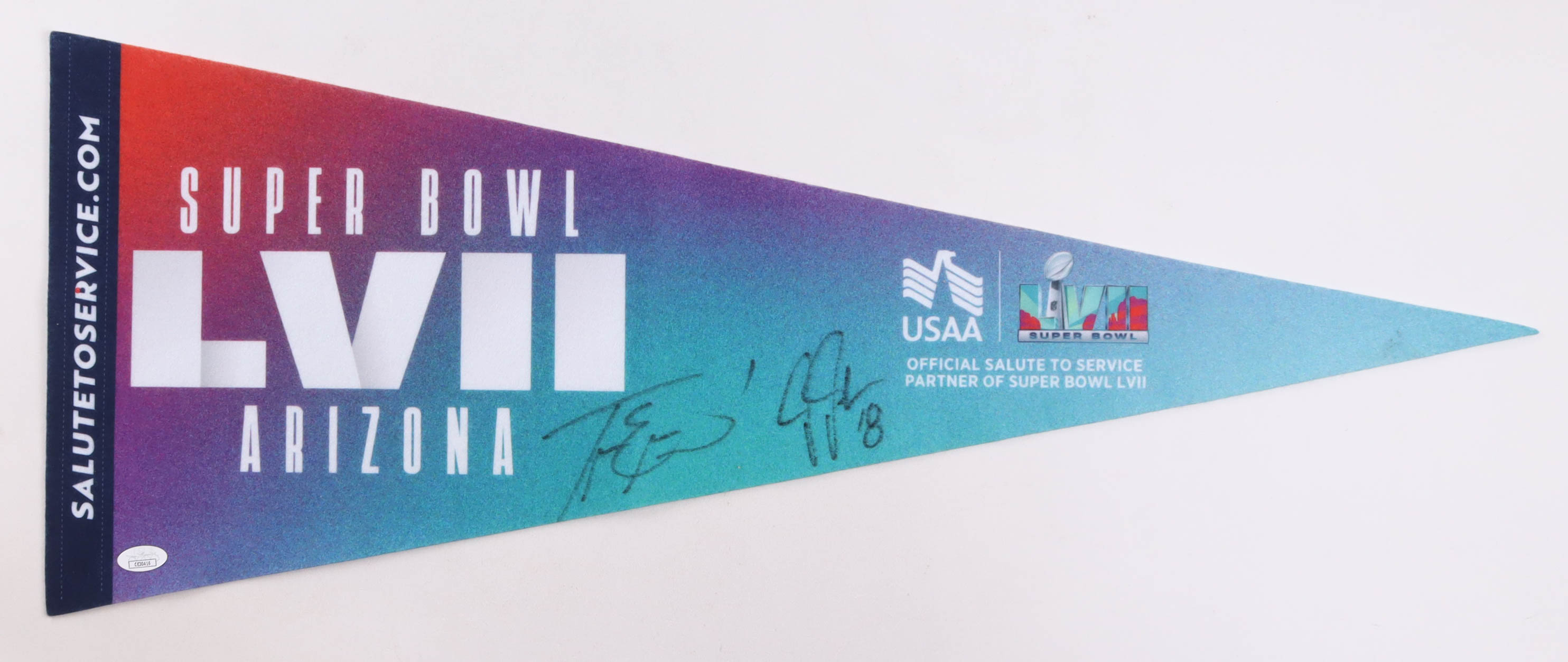Travis Etienne & Justin Jefferson Signed Super Bowl LVII Salute To Service Felt Pennant Flag (JSA) at PristineAuction.com Travis Etienne & Justin Jefferson Signed Super Bowl LVII Salute To Service Felt Pennant Flag (JSA) at PristineAuction.com