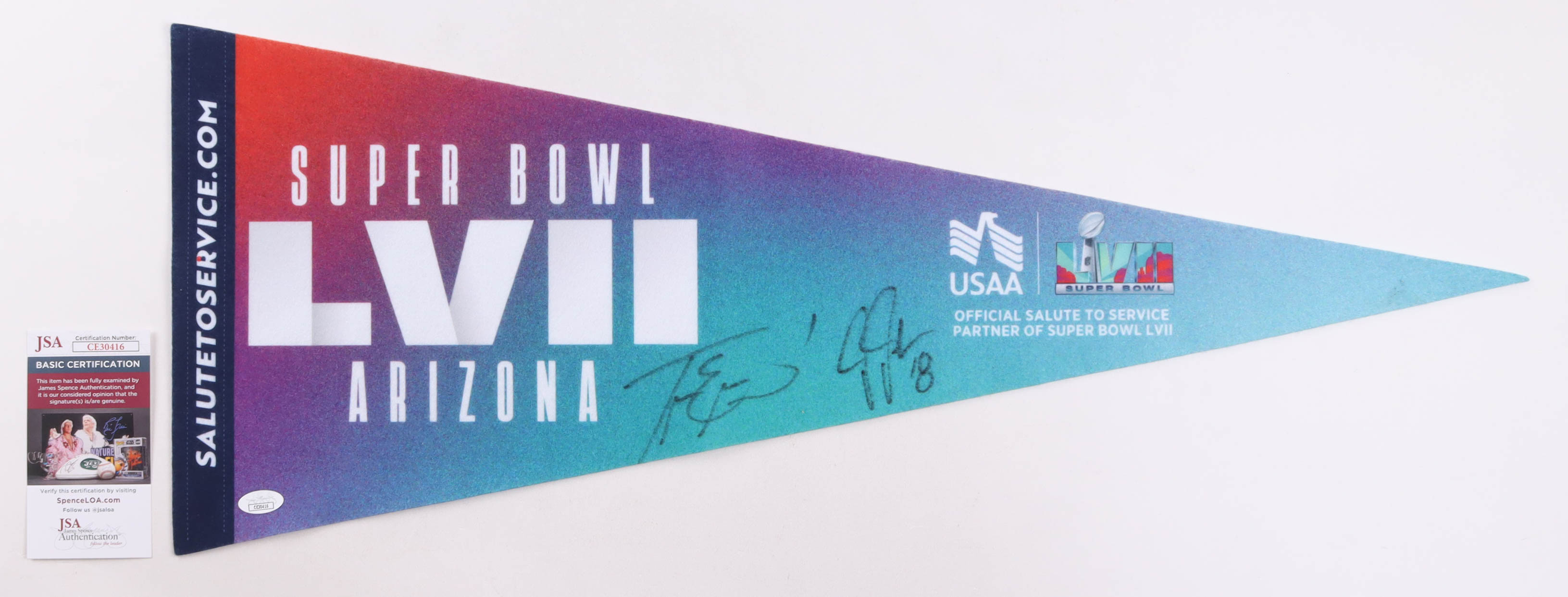 Travis Etienne & Justin Jefferson Signed Super Bowl LVII Salute To Service Felt Pennant Flag (JSA) at PristineAuction.com Travis Etienne & Justin Jefferson Signed Super Bowl LVII Salute To Service Felt Pennant Flag (JSA) at PristineAuction.com