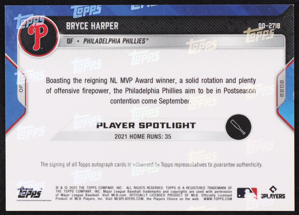 Bryce Harper 2023 Topps Now Road to Opening Day Autographs Blue #OD271B at PristineAuction.com Bryce Harper 2023 Topps Now Road to Opening Day Autographs Blue #OD271B at PristineAuction.com