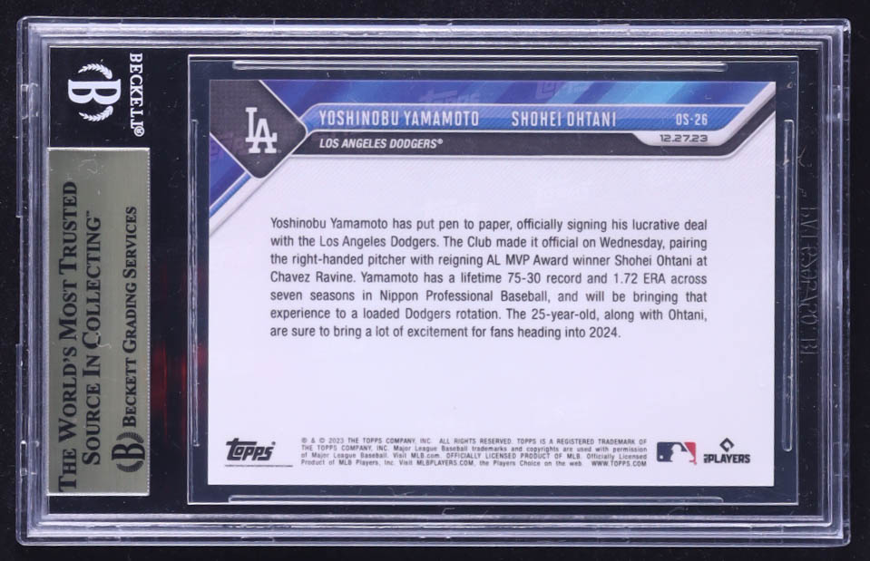 Yoshinobu Yamamoto / Shohei Ohtani 2023 Topps Now Offseason #OS26 RC (BGS 9.5) at PristineAuction.com Yoshinobu Yamamoto / Shohei Ohtani 2023 Topps Now Offseason #OS26 RC (BGS 9.5) at PristineAuction.com