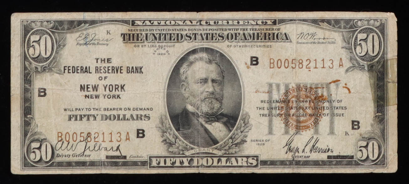 1929 United States $50 Fifty Dollar National Currency Bank Note - Brown Seal at PristineAuction.com 1929 United States $50 Fifty Dollar National Currency Bank Note - Brown Seal at PristineAuction.com