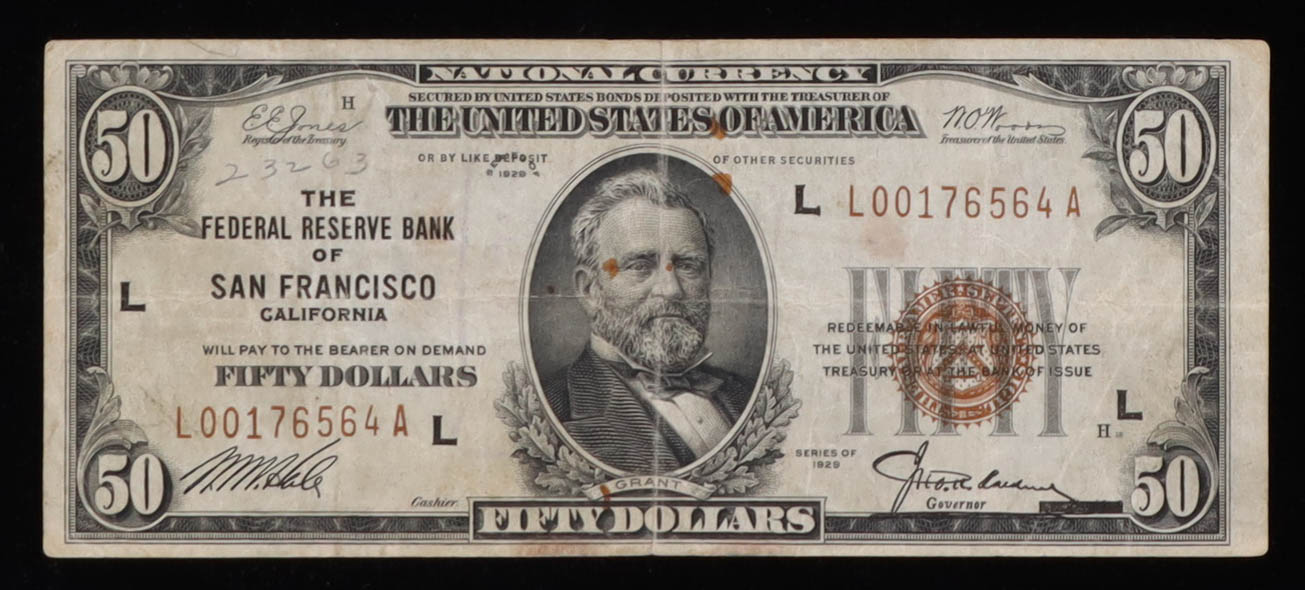 1929 United States $50 Fifty Dollar National Currency Bank Note - Brown Seal at PristineAuction.com 1929 United States $50 Fifty Dollar National Currency Bank Note - Brown Seal at PristineAuction.com