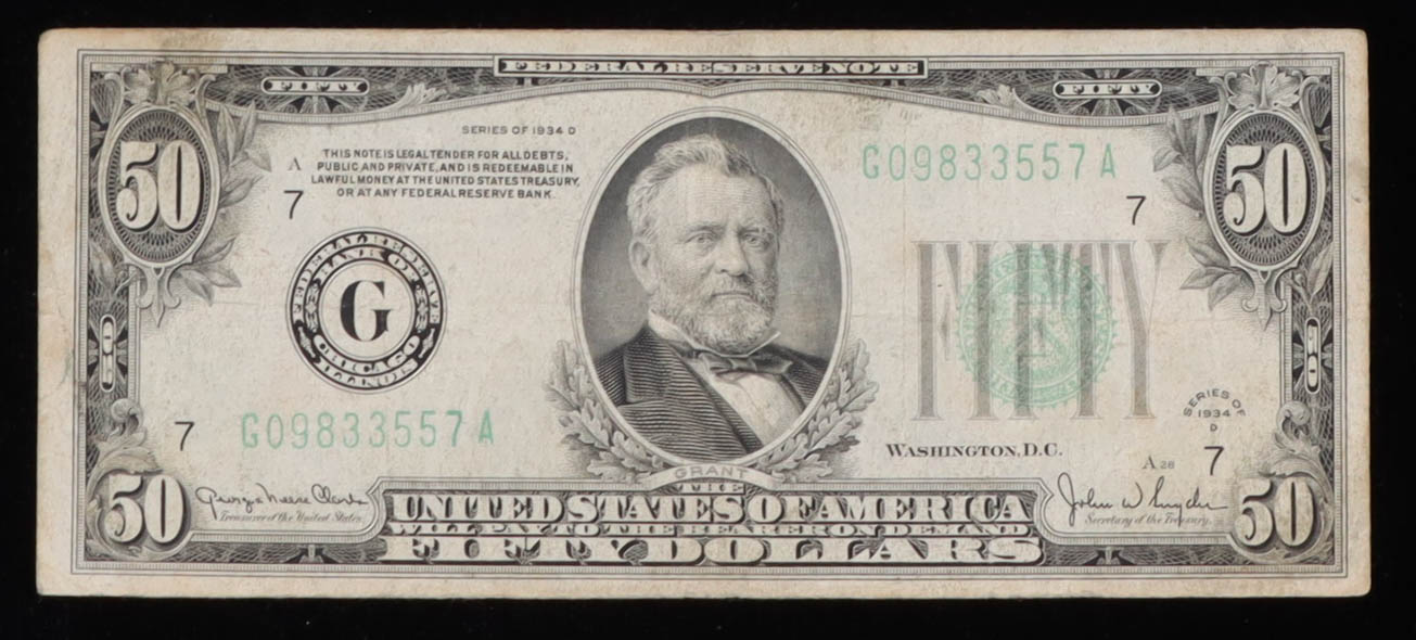 1934-D United States $50 Fifty Dollar Federal Reserve Note at PristineAuction.com 1934-D United States $50 Fifty Dollar Federal Reserve Note at PristineAuction.com